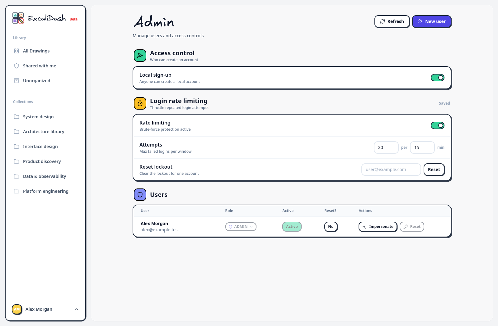 Open Admin — Open the account menu and select Admin. Use the registration setting if you want people to create their own accounts.