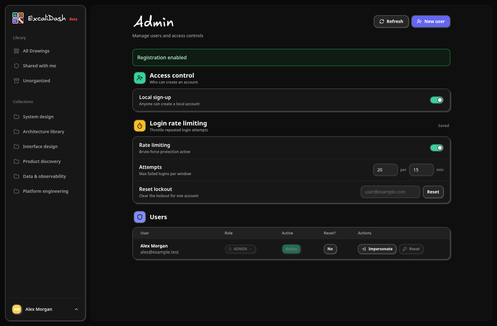 Open Admin — Open the account menu and select Admin. Use the registration setting if you want people to create their own accounts.