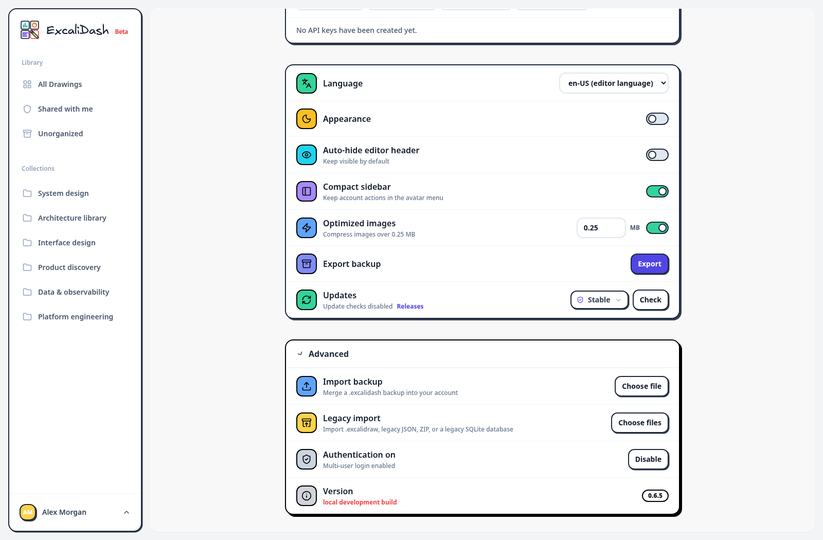 Choose a backup to import — Expand Advanced. Under Import backup, select Choose file and select your .excalidash backup.