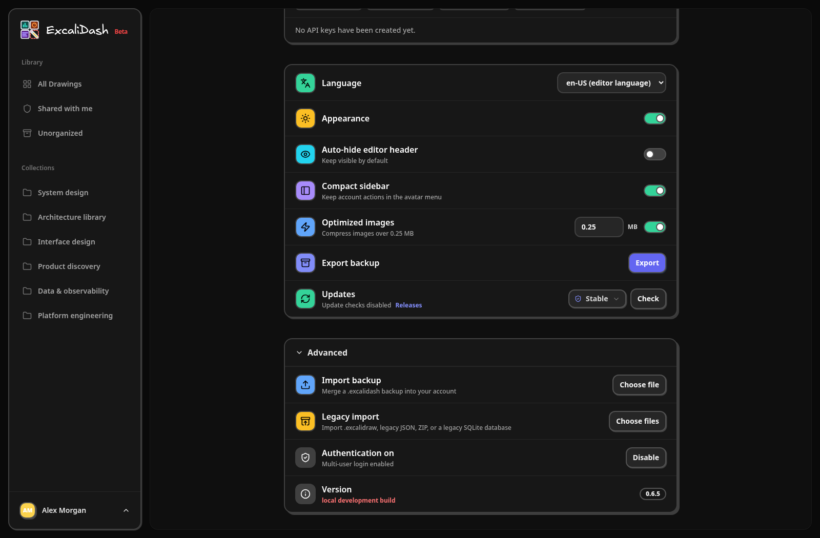 Choose a backup to import — Expand Advanced. Under Import backup, select Choose file and select your .excalidash backup.