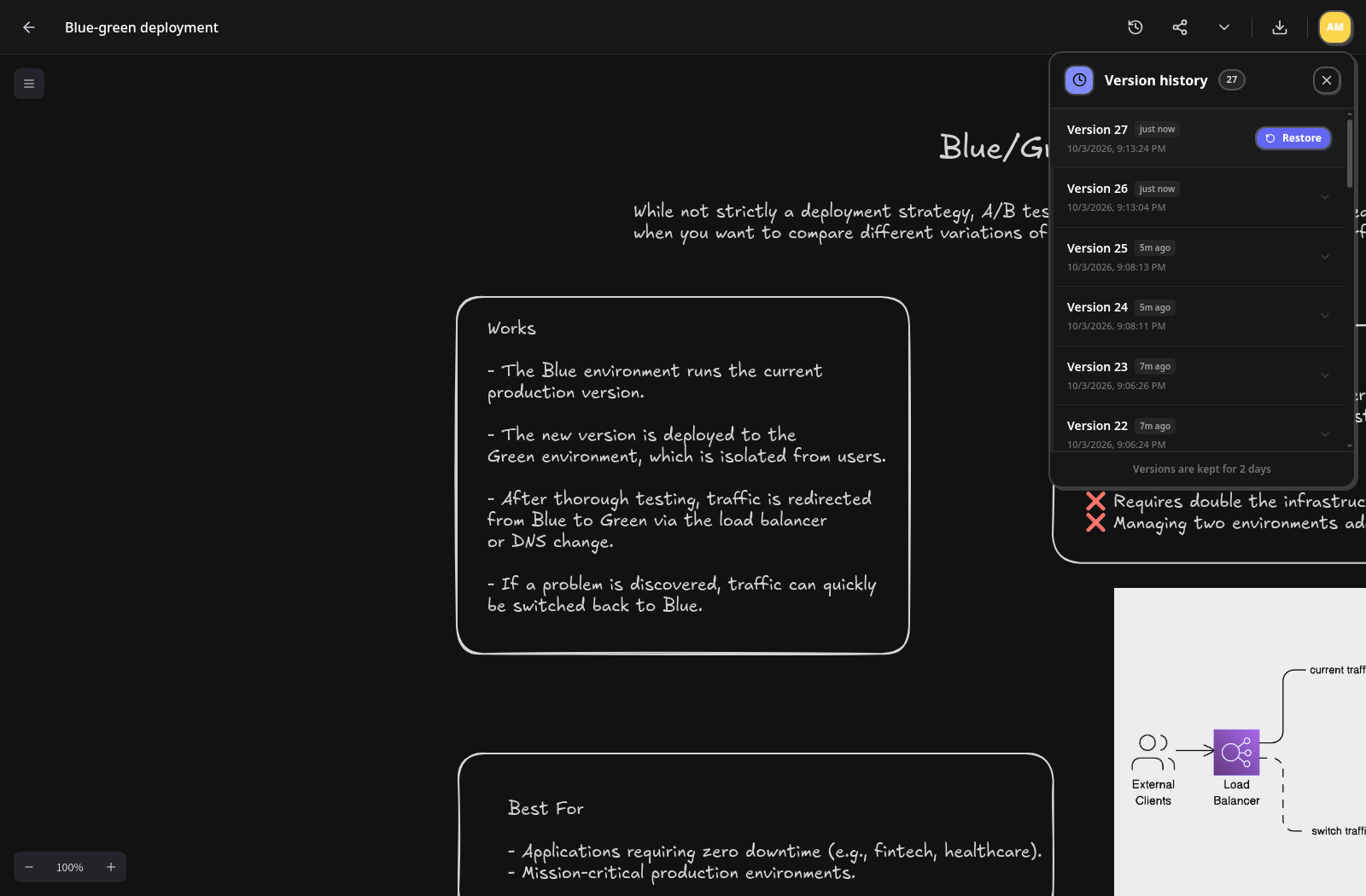 Version History open with a snapshot selected and restore controls visible