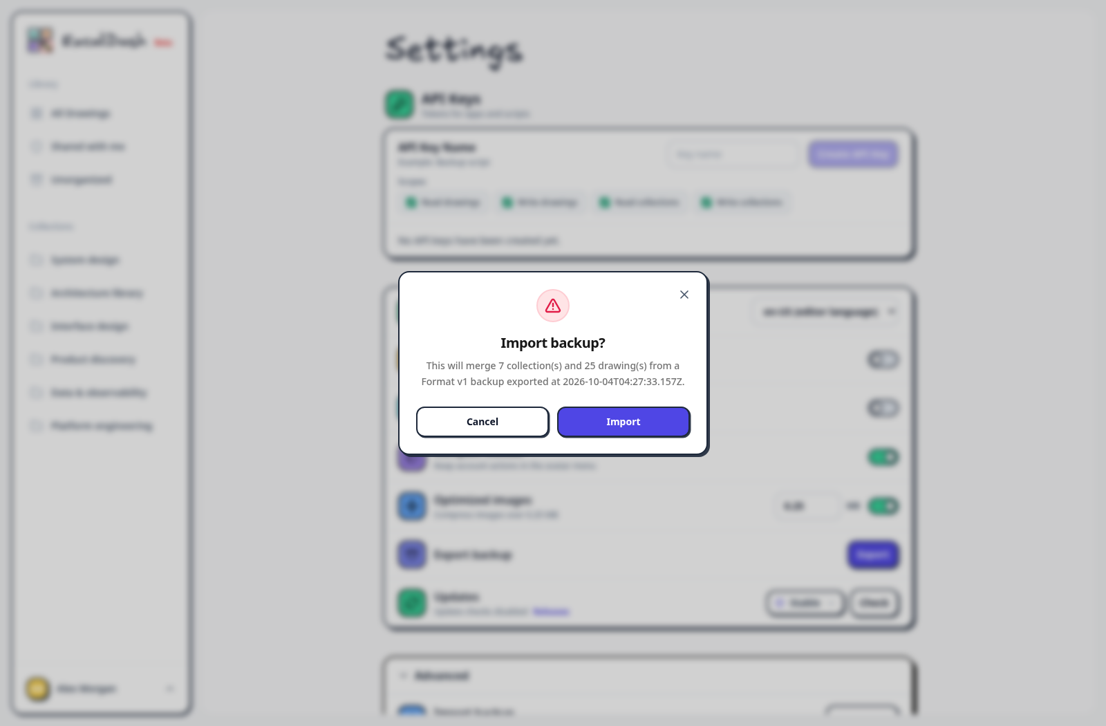 Review the import — Review the backup details in the confirmation dialog before selecting Import.