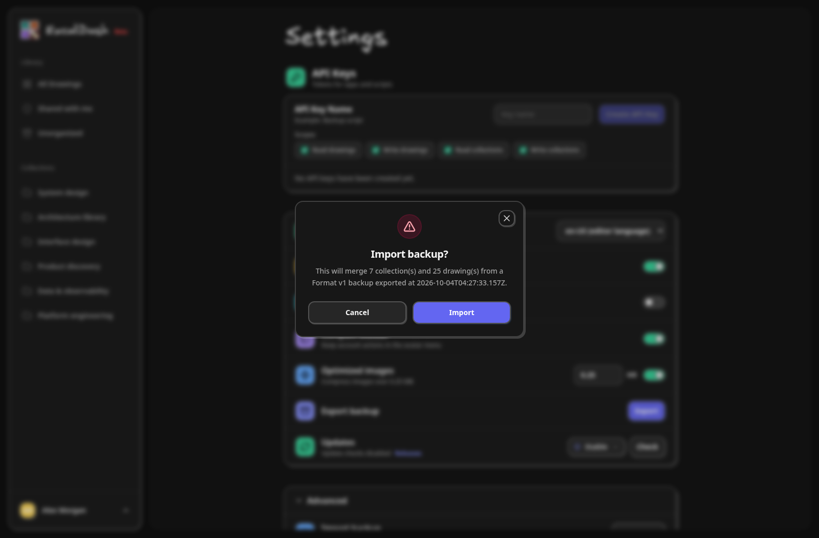 Review the import — Review the backup details in the confirmation dialog before selecting Import.