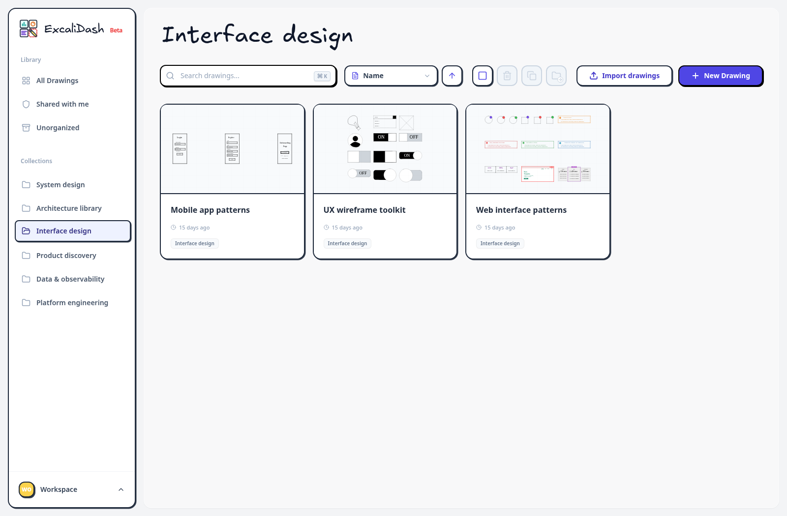 Interface design collection — Group wireframes and reusable interface patterns in one workspace.