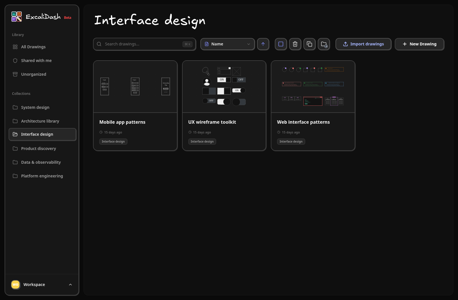 Interface design collection — Group wireframes and reusable interface patterns in one workspace.