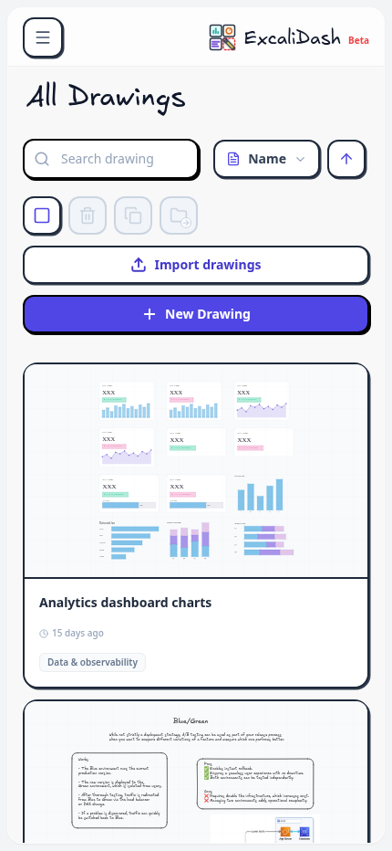 Mobile workspace — Access the drawing dashboard on a narrow mobile screen.