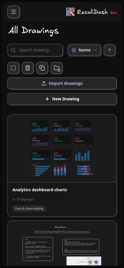 Mobile workspace — Access the drawing dashboard on a narrow mobile screen.