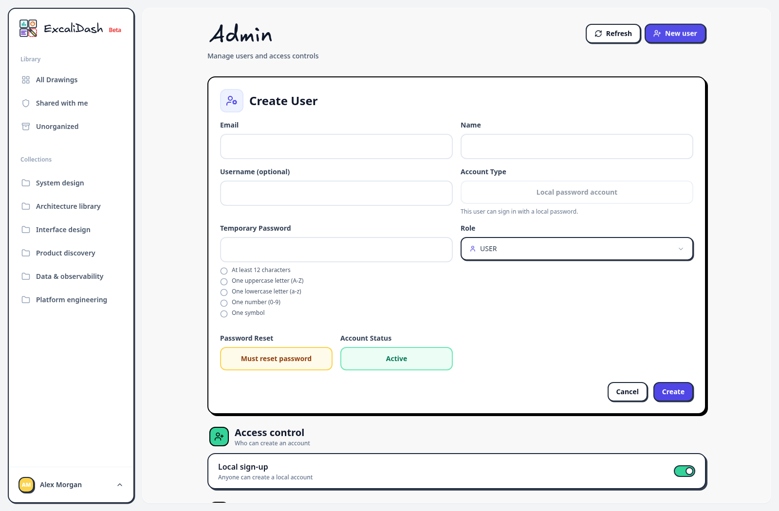 Create a local user — Select New User, enter the account details and role, then create the user.