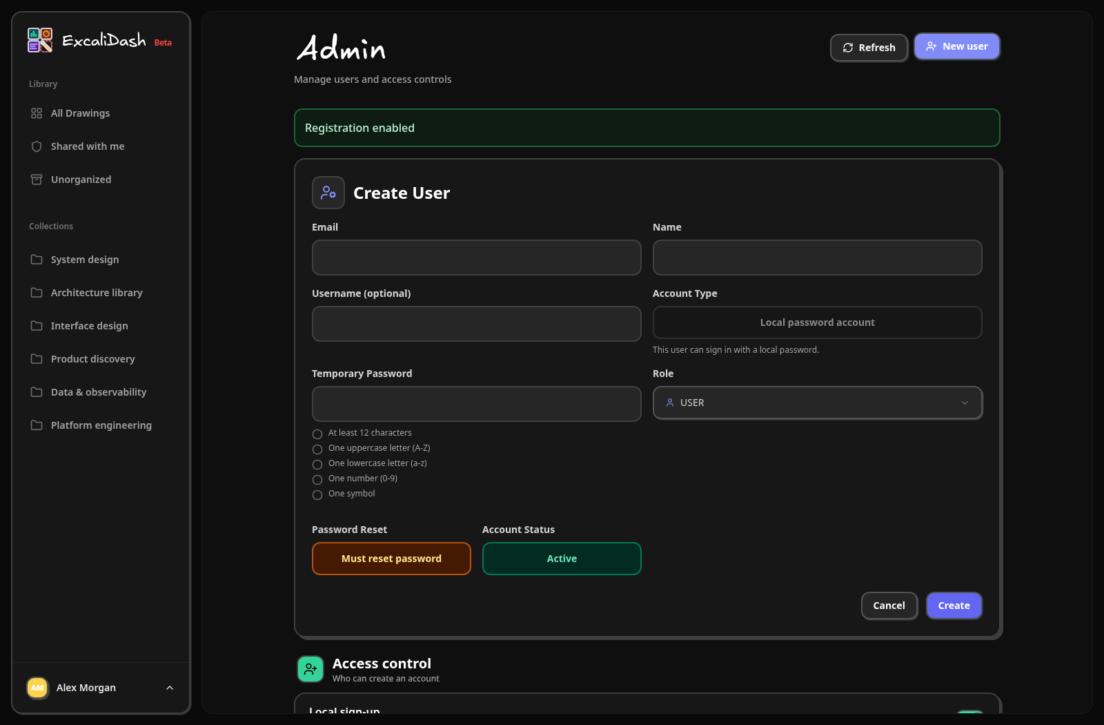 Create a local user — Select New User, enter the account details and role, then create the user.
