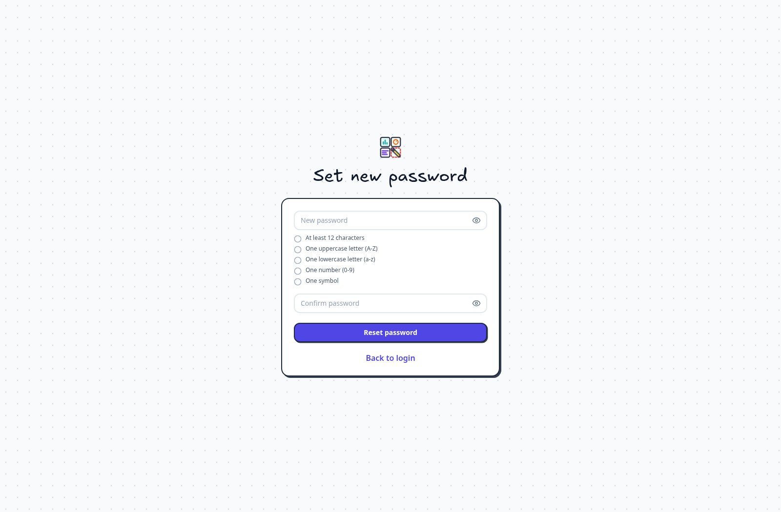 Set a new password — Open the valid reset link, enter your new password twice, and select Reset password.