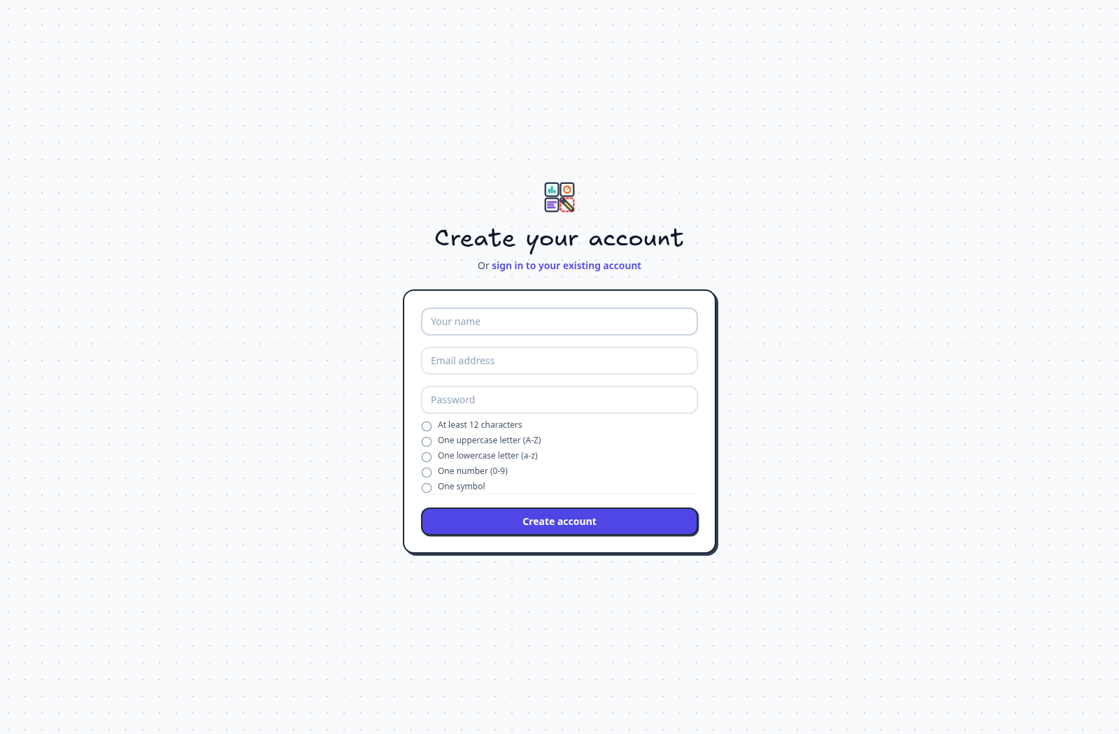 Create account form for regular user registration