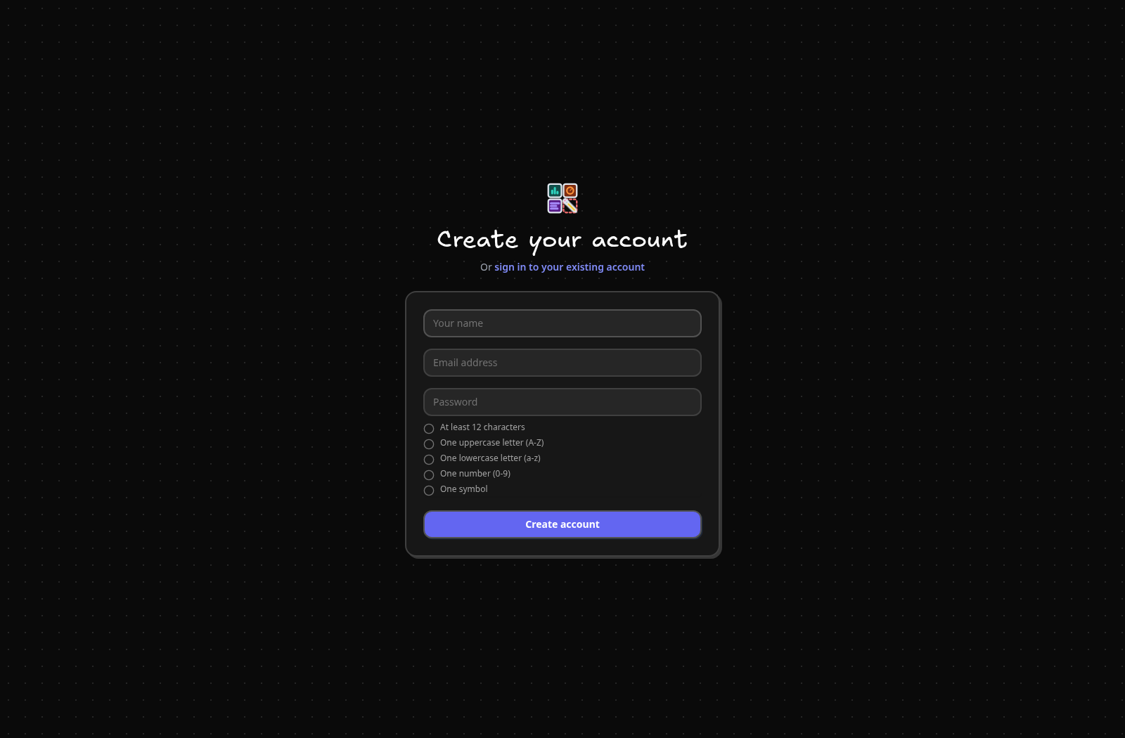 Create account form for regular user registration