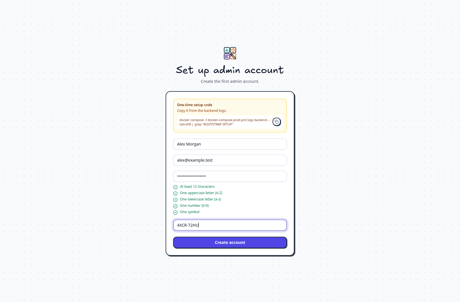 Enter the administrator details — Enter your name, email, password, and the one-time code from your own server. Select Create account. The screenshot shows a disposable example account.