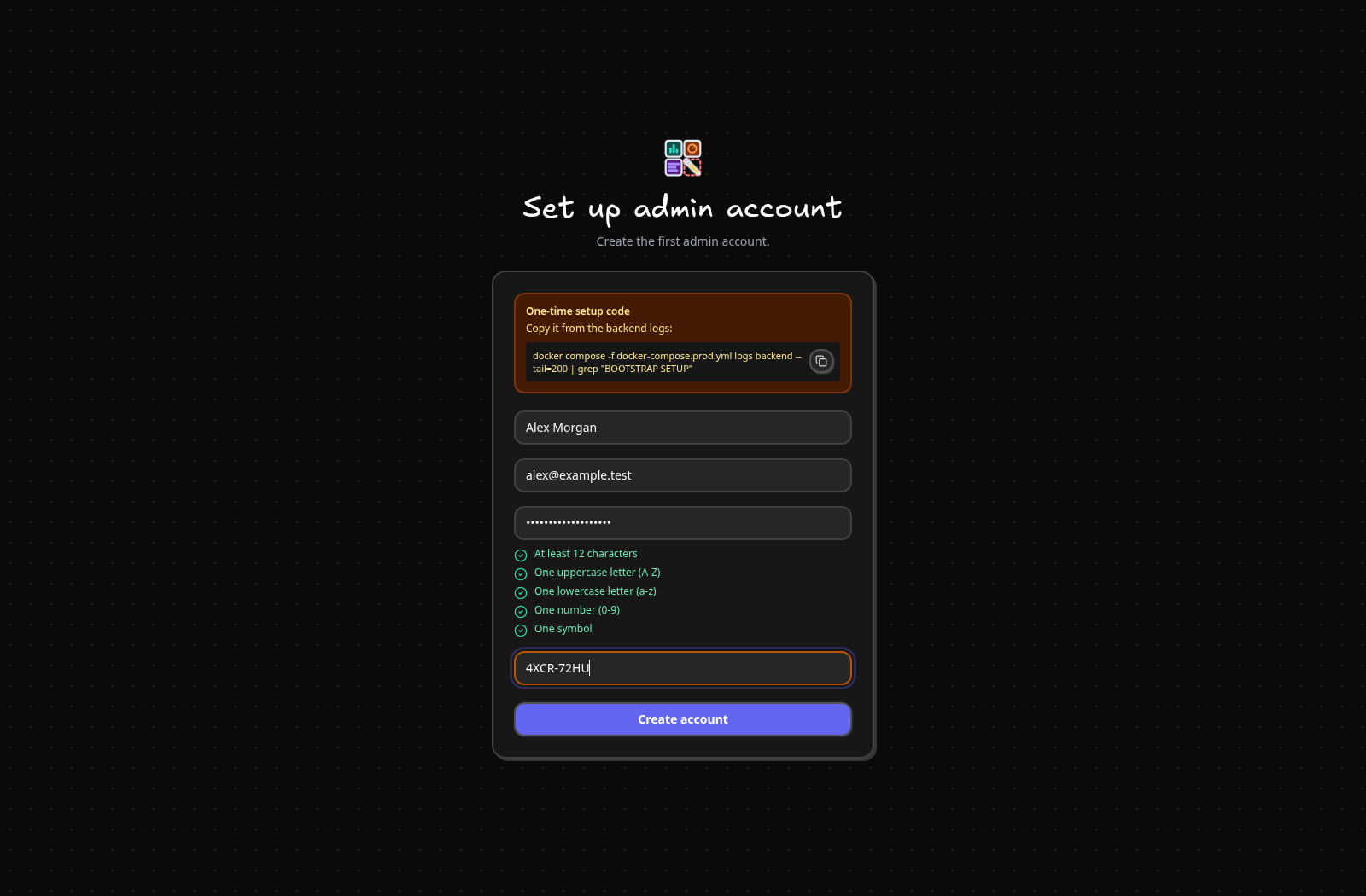 Enter the administrator details — Enter your name, email, password, and the one-time code from your own server. Select Create account. The screenshot shows a disposable example account.