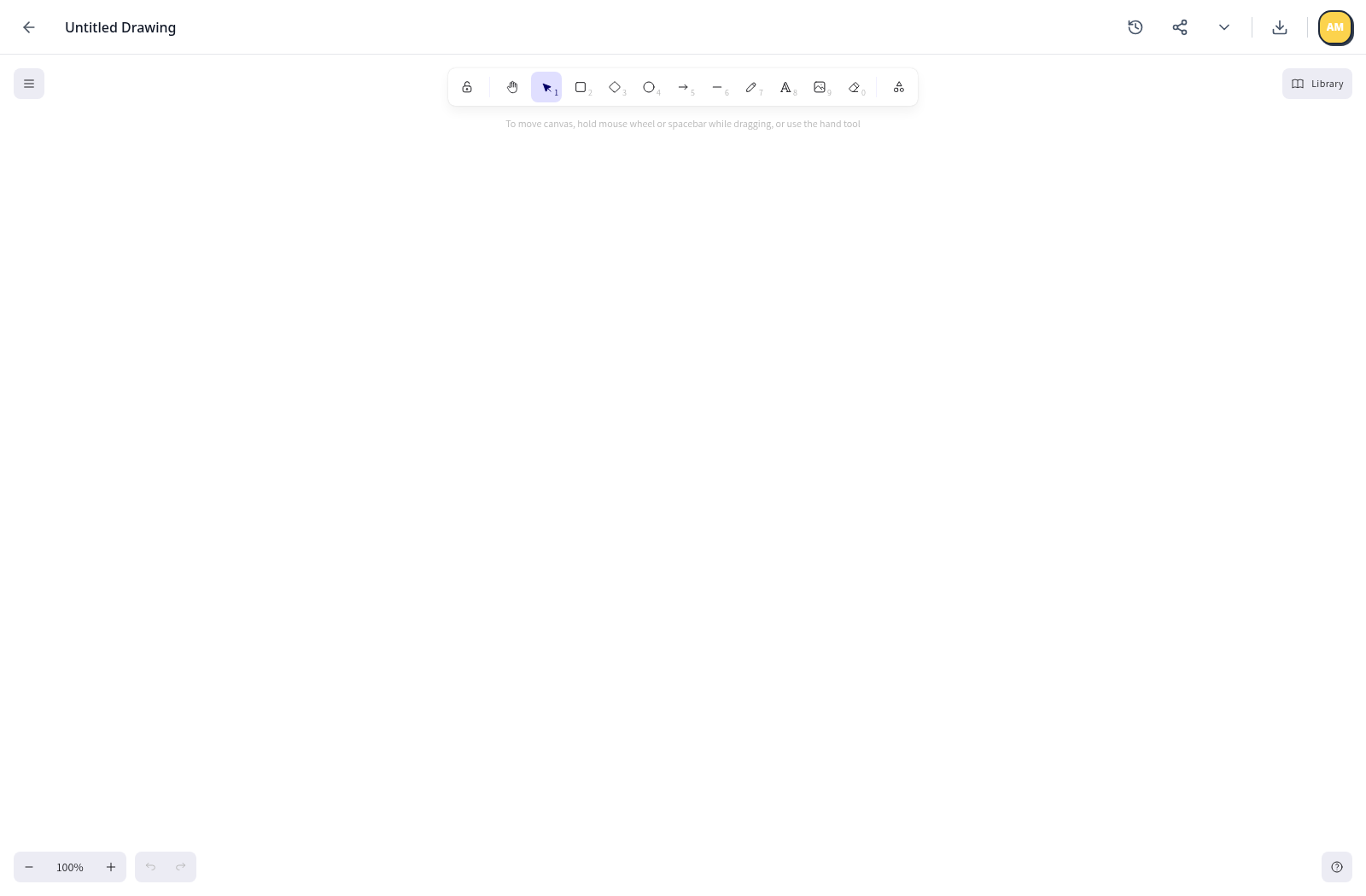 Create your first drawing — Select New Drawing in the empty workspace. The Excalidraw editor opens with an untitled, blank canvas.