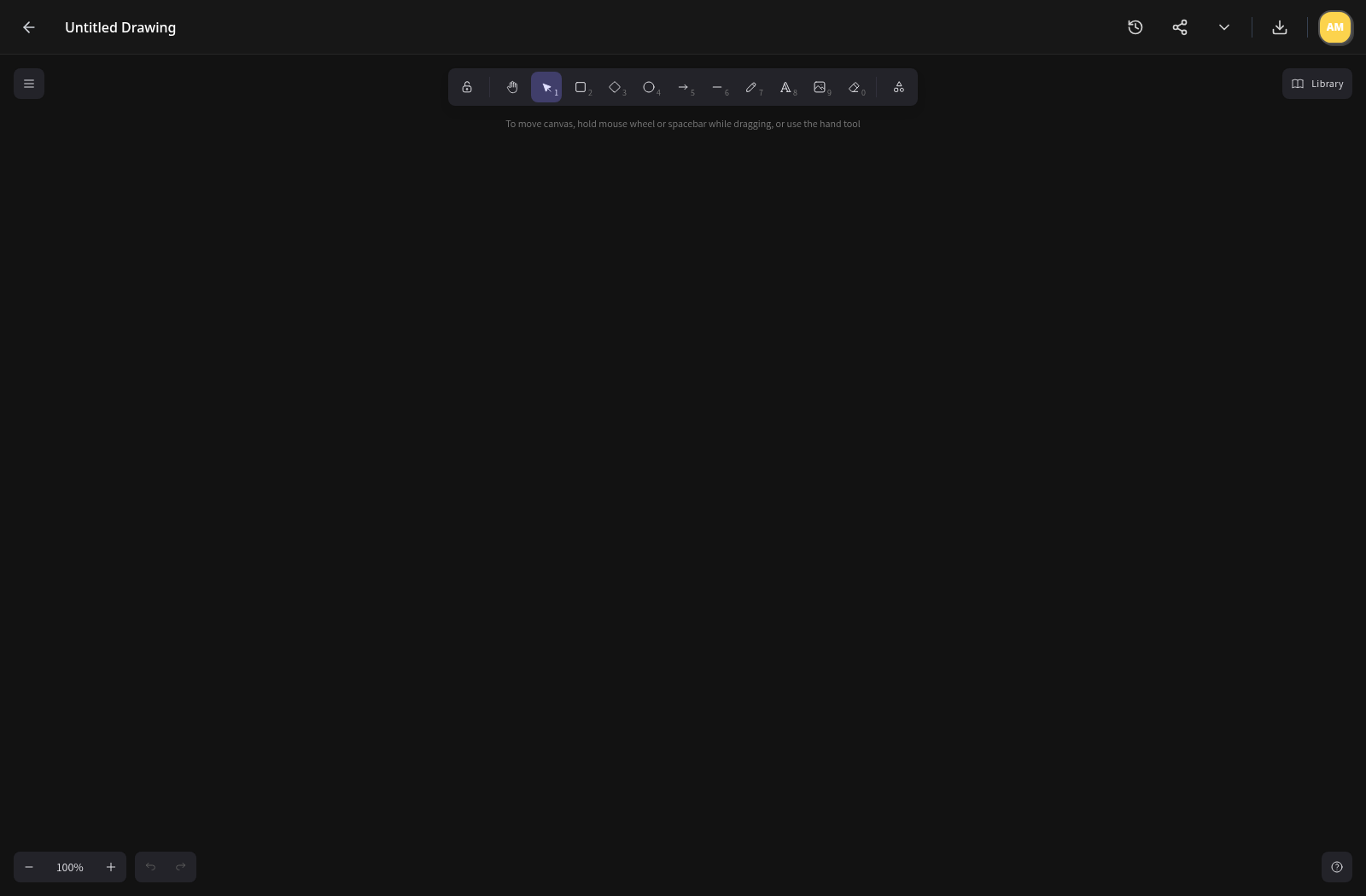 Create your first drawing — Select New Drawing in the empty workspace. The Excalidraw editor opens with an untitled, blank canvas.