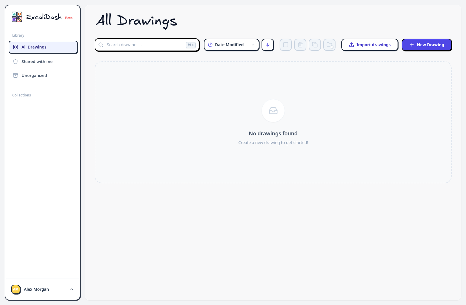 Start with an empty workspace — After creating the administrator account, you are signed in. All Drawings is initially empty; no sample drawings are added automatically.