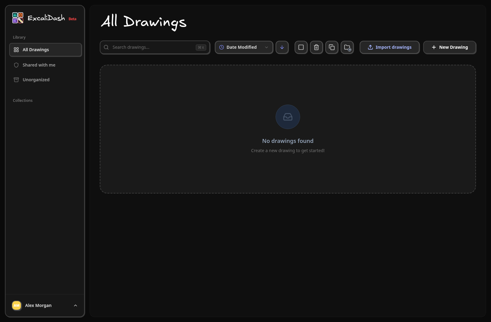 Start with an empty workspace — After creating the administrator account, you are signed in. All Drawings is initially empty; no sample drawings are added automatically.