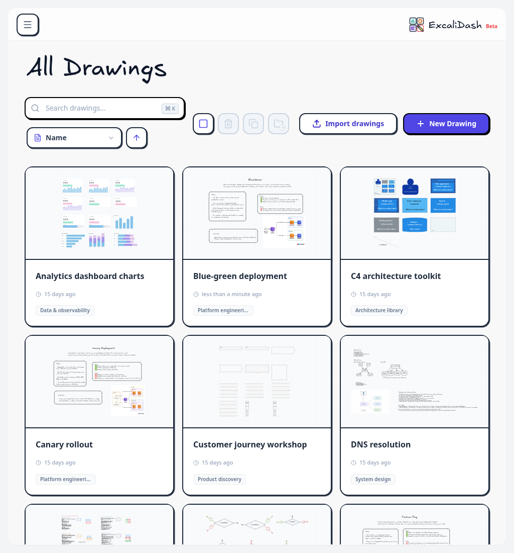 Tablet workspace — Browse drawing cards and collections on a tablet-sized screen.