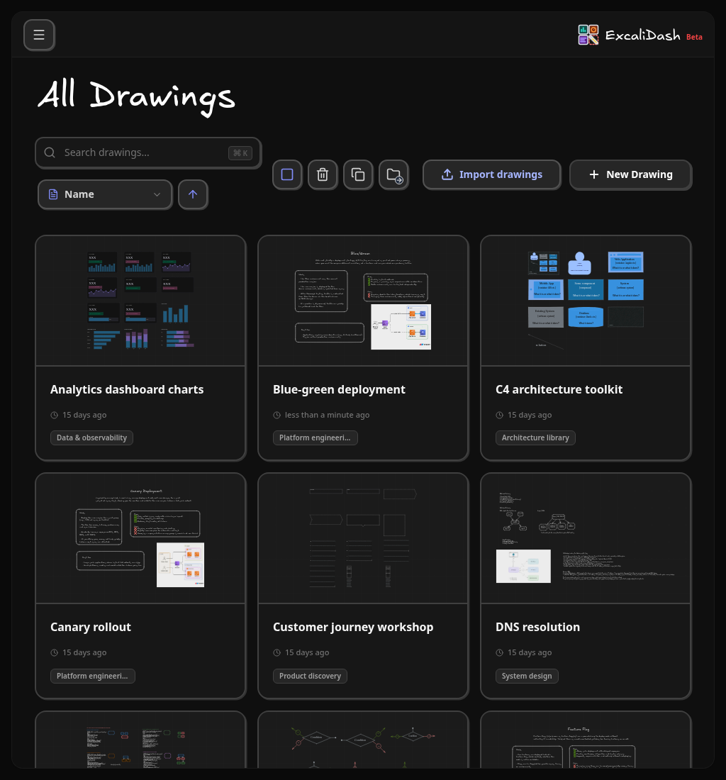 Tablet workspace — Browse drawing cards and collections on a tablet-sized screen.