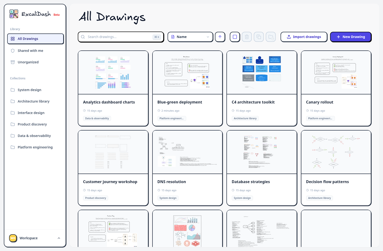 ExcaliDash dashboard with drawing previews, collections, and search