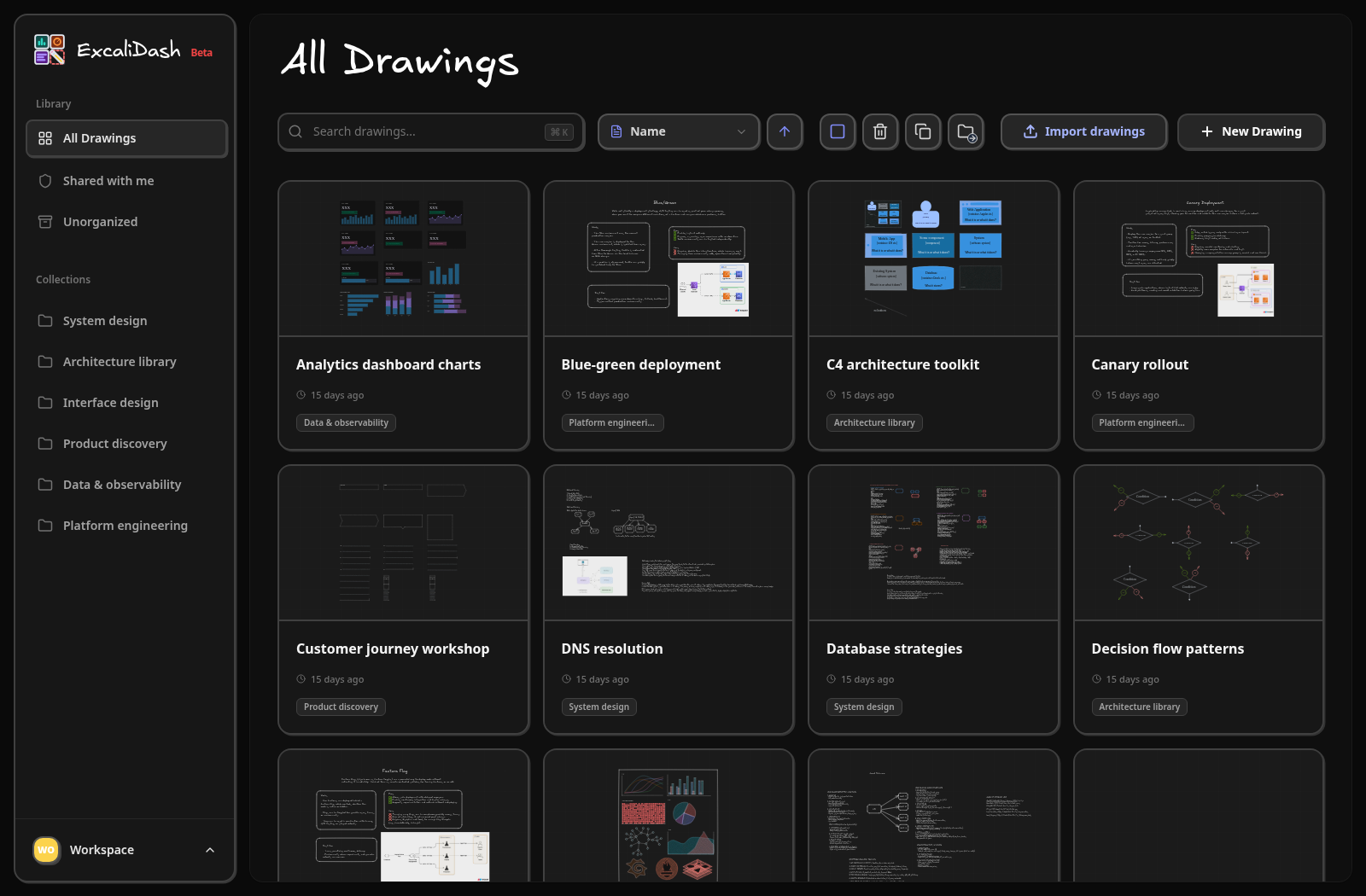 Drawing dashboard — Browse your drawings as visual cards, search your workspace, and organize drawings into collections.